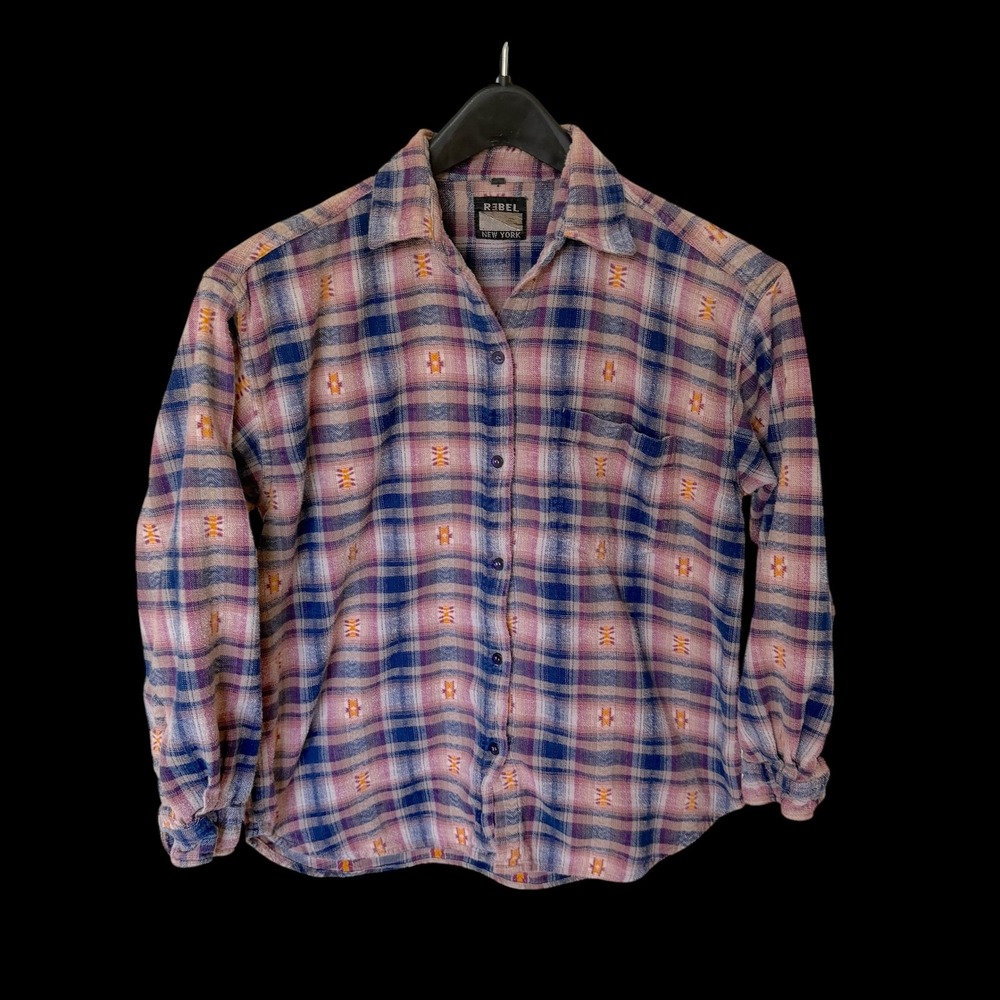 90's Rebel New York Plaid Flannel Shirt‎ Medium Pink Blue Embroidered Button Up